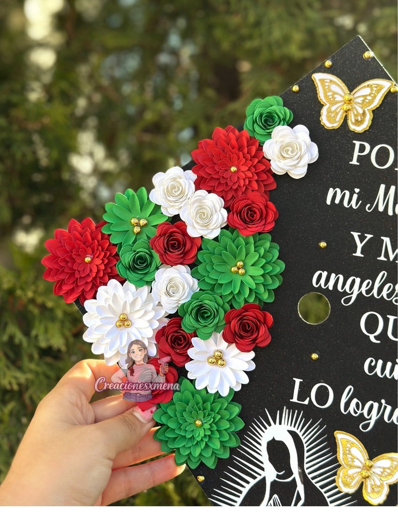Virgin Mary Red, White, and Green Grad Cap