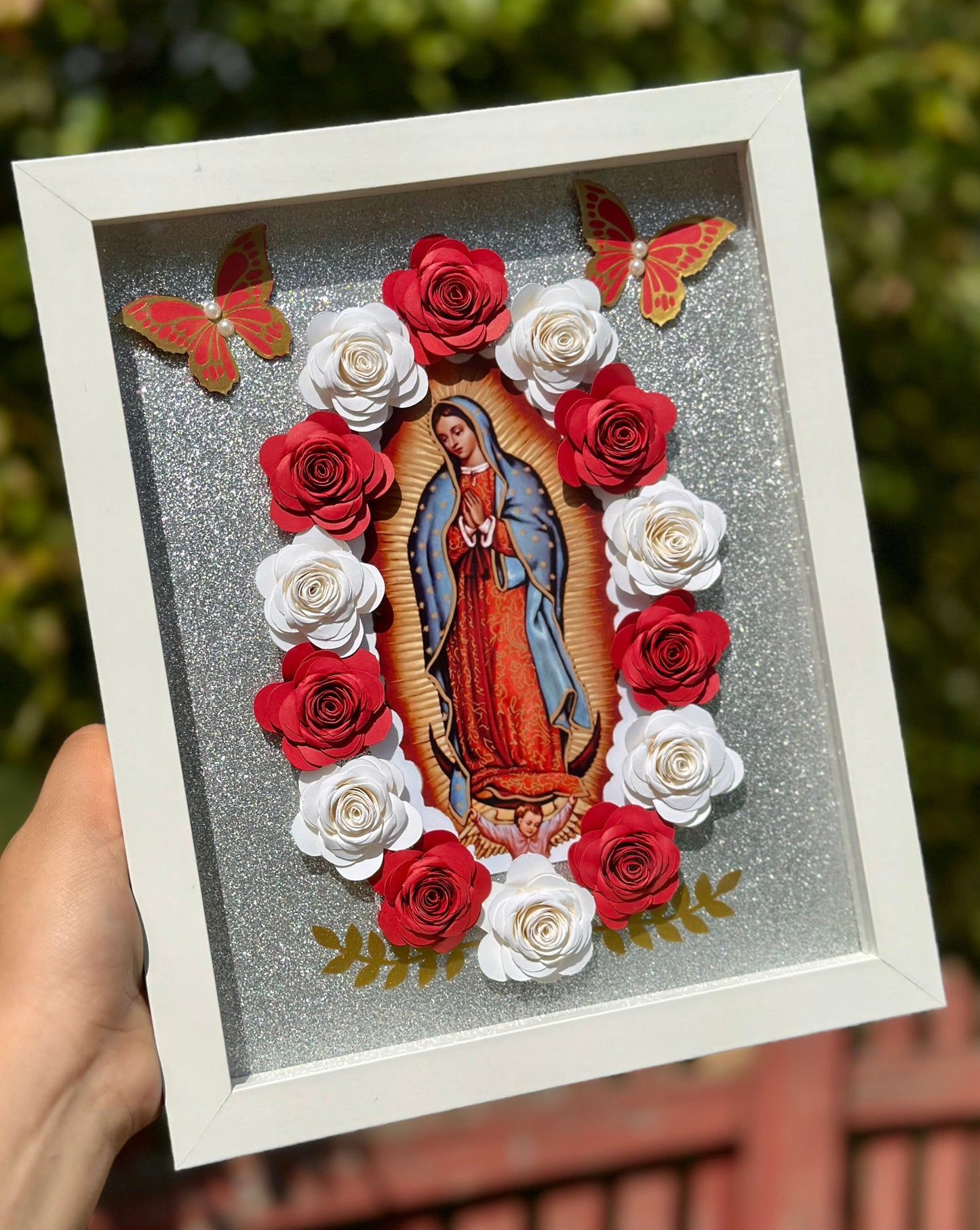 Red and White Virgencita Shadow Box