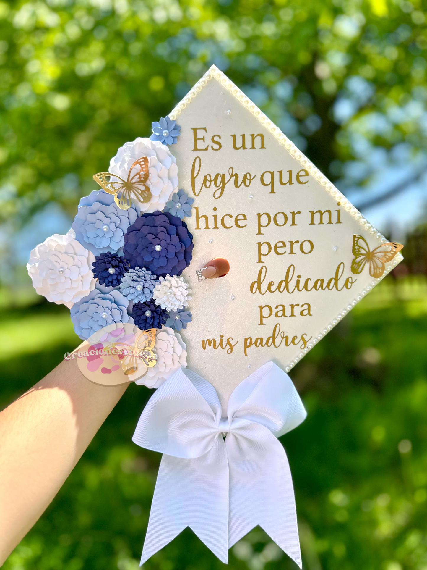 Blues and White w/ bow Grad Cap