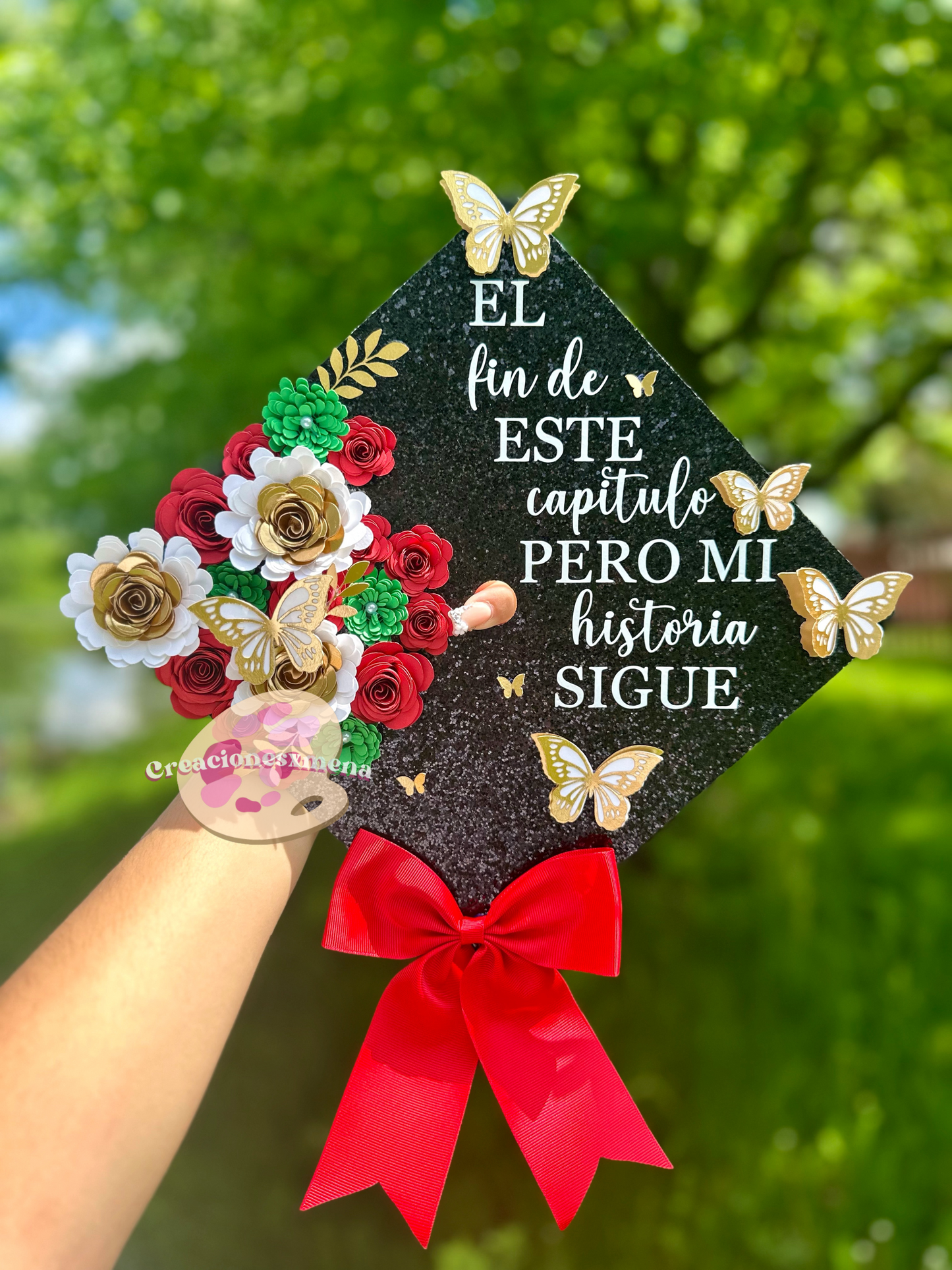 Green, Red, and White w/ bow Grad Cap