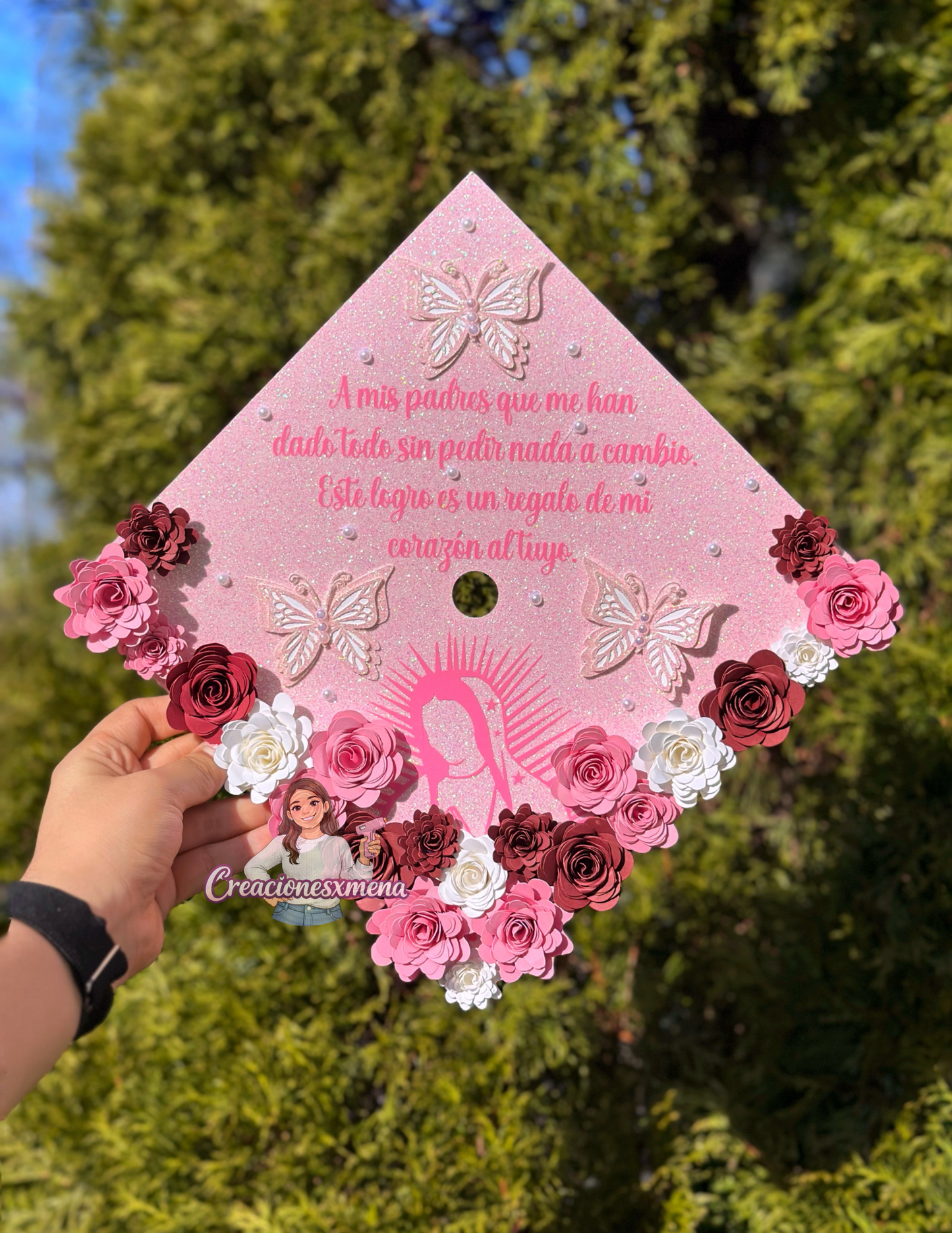 Pink Virgin Mary Grad Cap