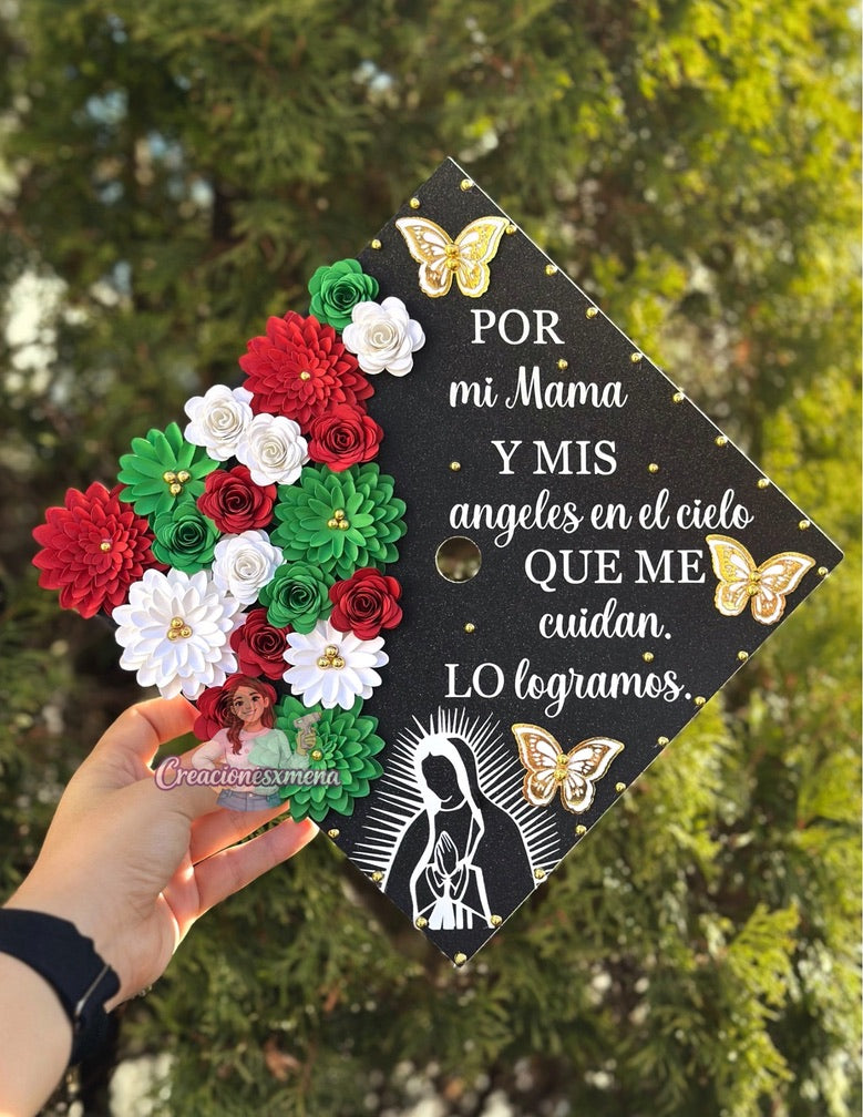 Virgin Mary Red, White, and Green Grad Cap