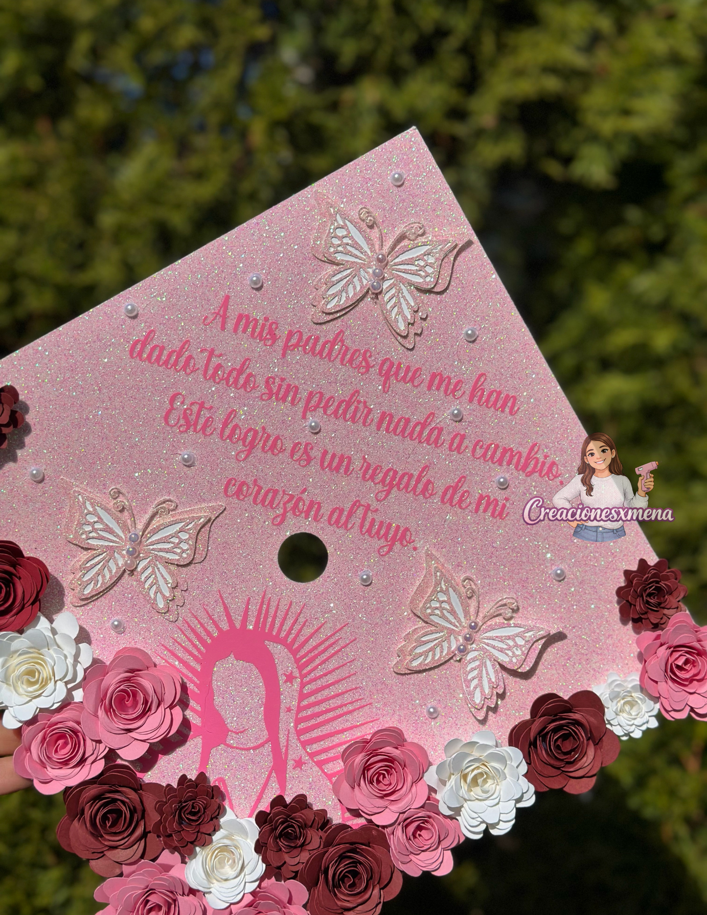 Pink Virgin Mary Grad Cap