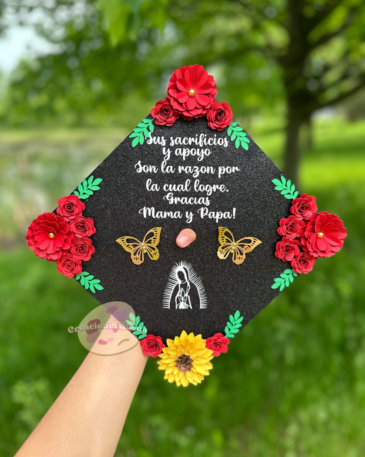 Red flowers & Sunflower Grad Cap