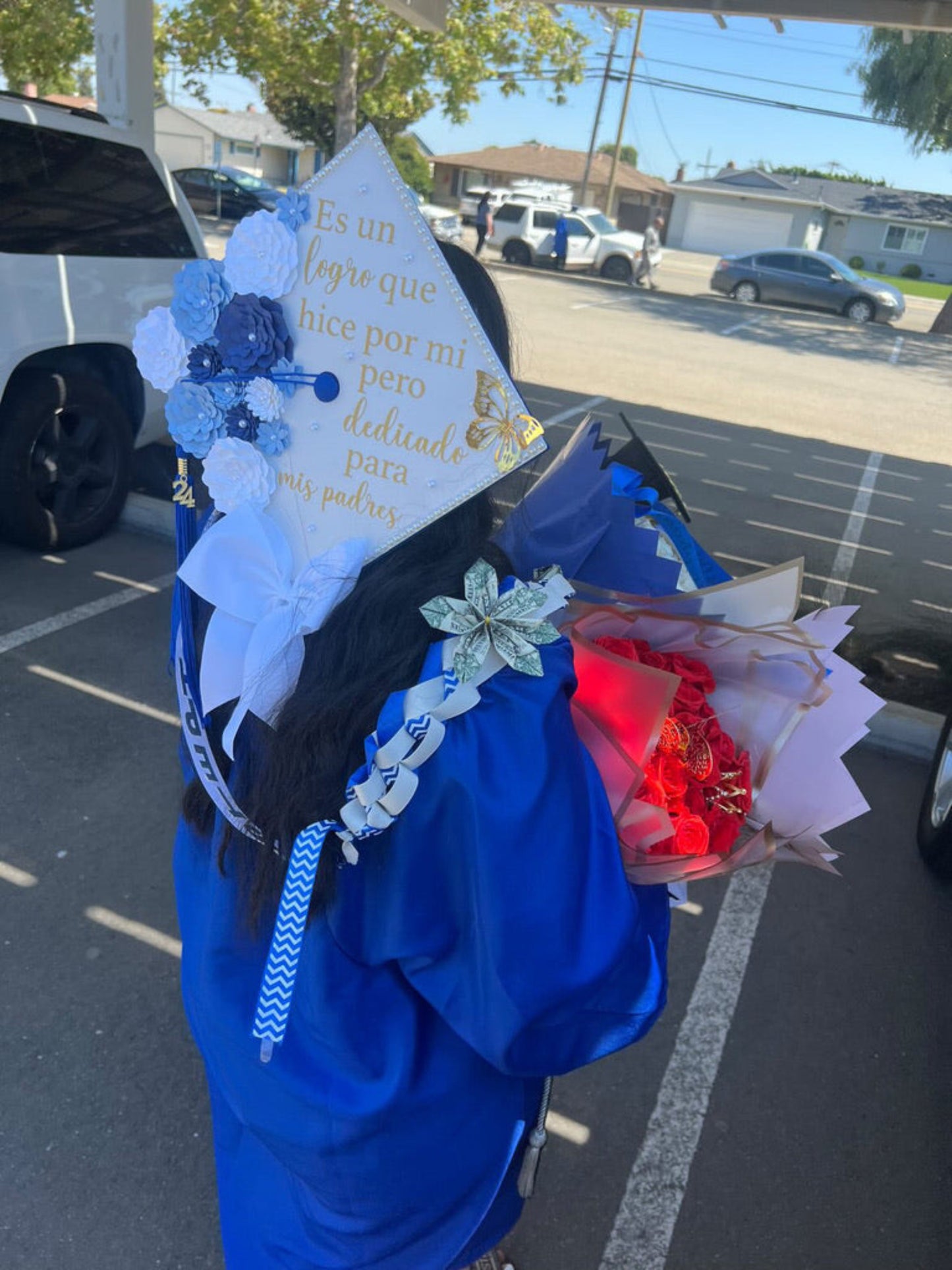 Blues and White w/ bow Grad Cap