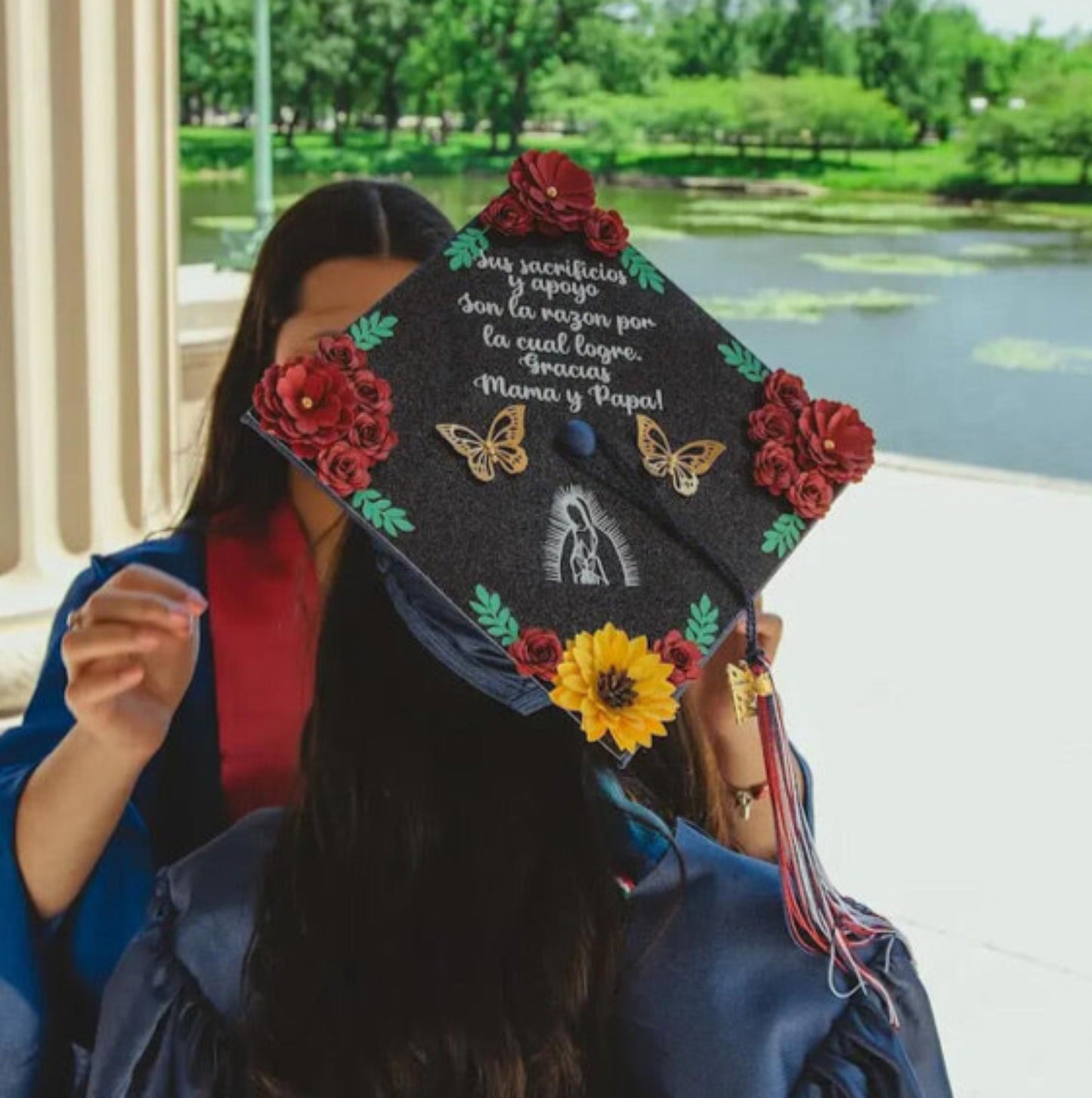 Red flowers & Sunflower Grad Cap