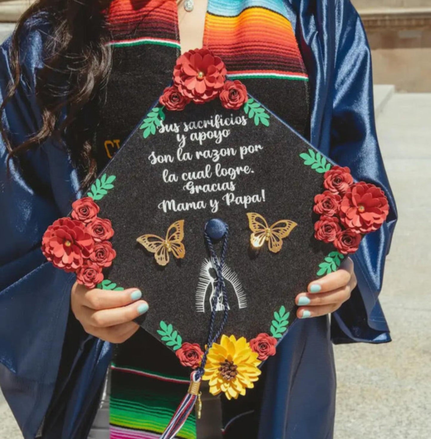 Red flowers & Sunflower Grad Cap