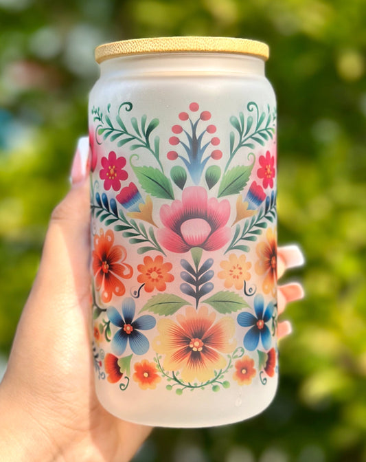 Embroidery Flower Frosted Glass Cup