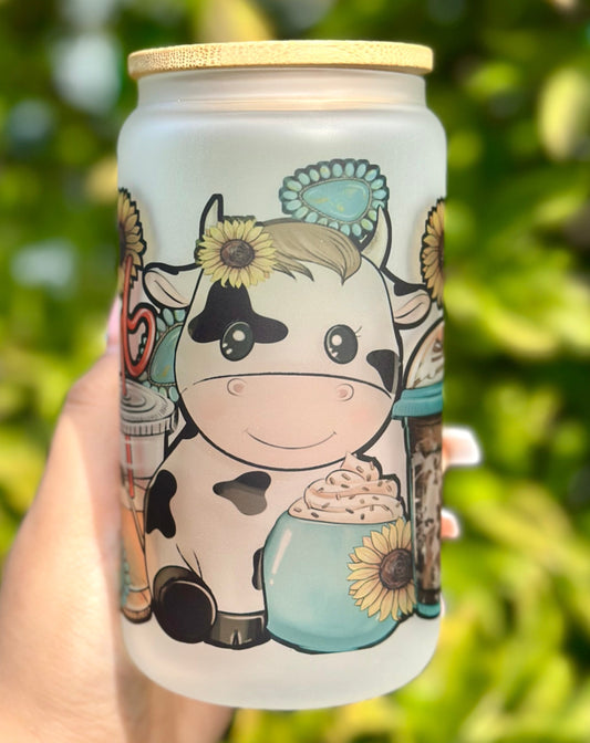 Cow Sunflower Frosted Glass Cup