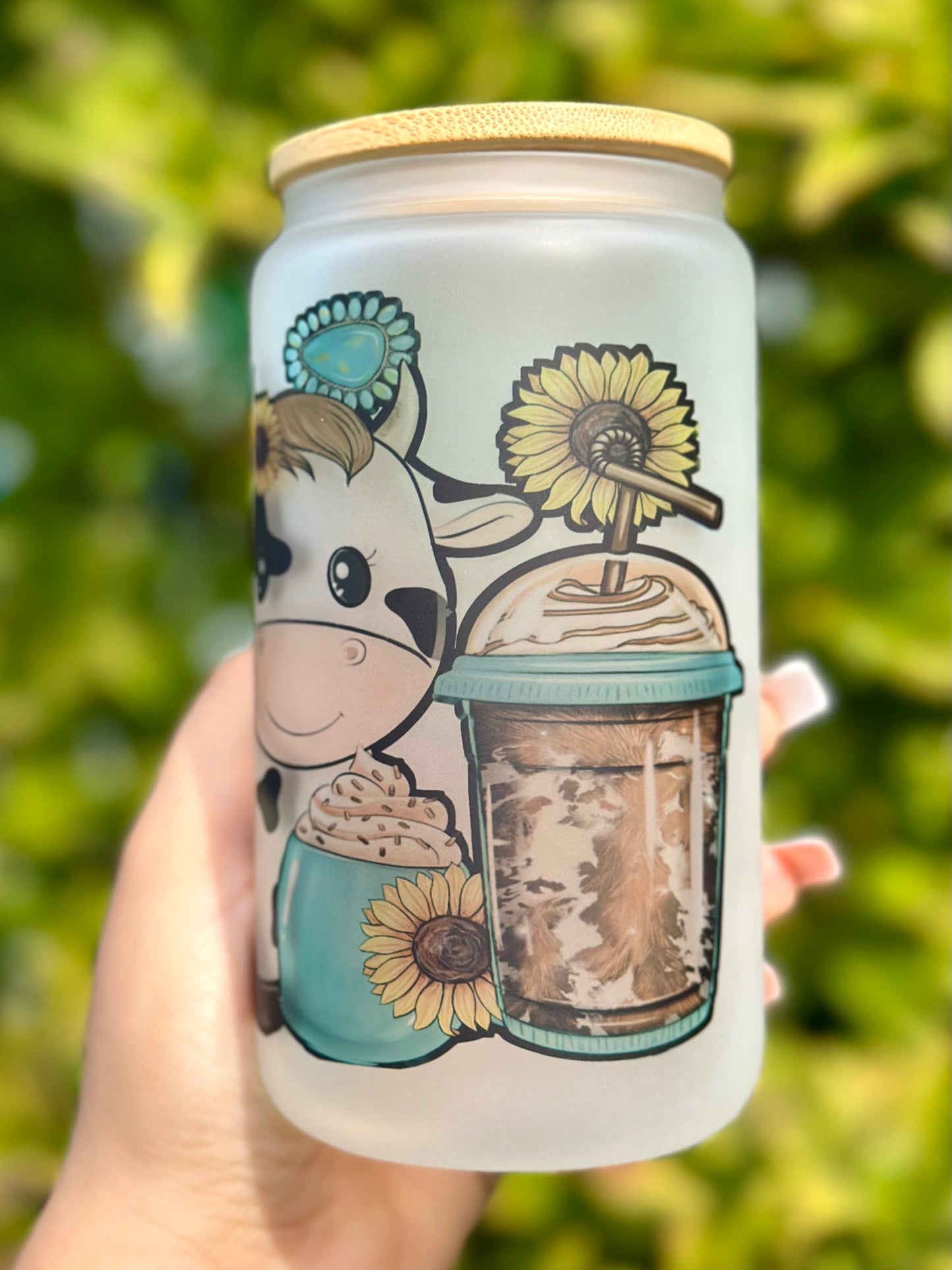 Cow Sunflower Frosted Glass Cup